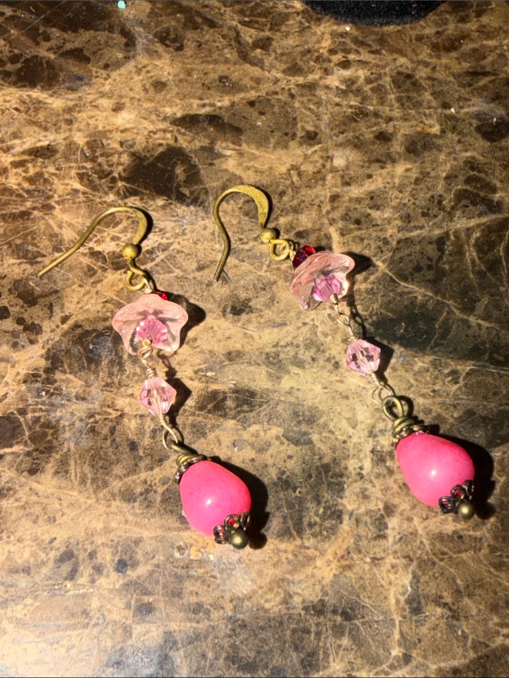 Pink glass flowers crystal semi precious teardrop pierced earrings
